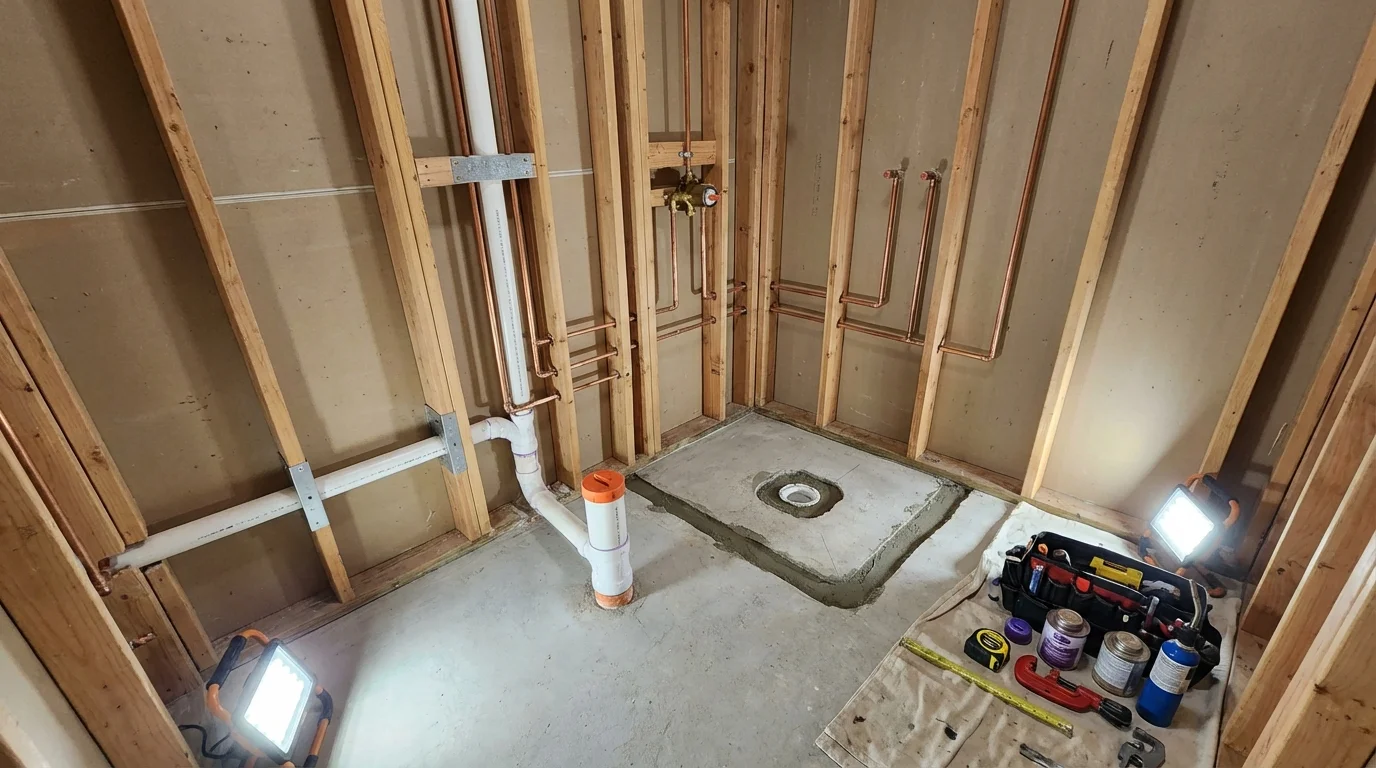 Bathroom rough-in plumbing during remodel by Johns Plumbing LLC in Midway