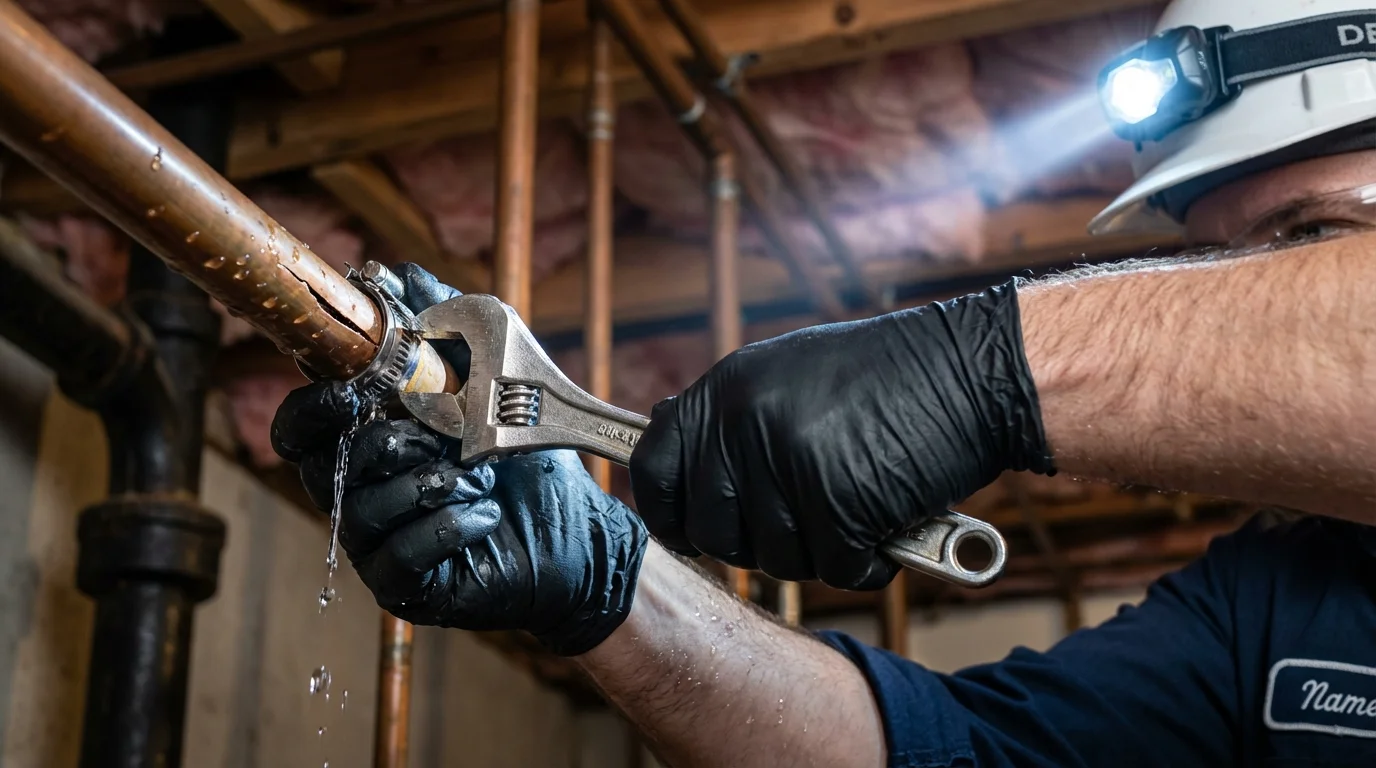 Emergency pipe clamp repair being performed by a Johns Plumbing LLC plumber in Midway