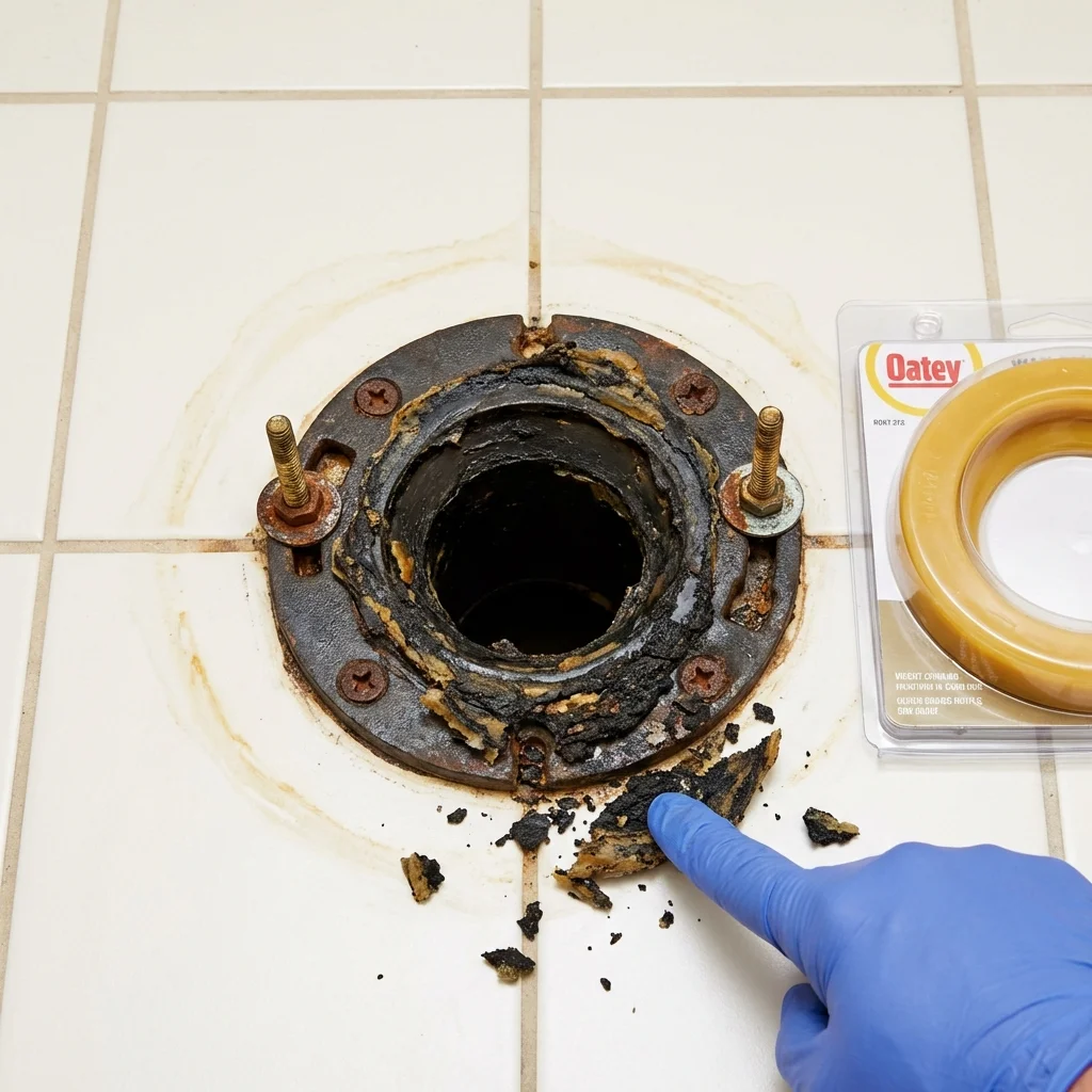 Failed wax ring showing water seepage at the base of a toilet in a Midway, AR home