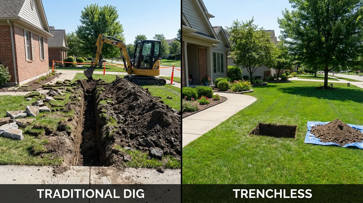 Trenchless sewer repair with minimal yard damage versus traditional excavation in Midway, AR