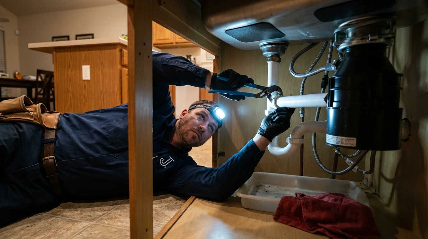 P-trap and supply line connections under a kitchen sink showing a common leak point in Midway, AR